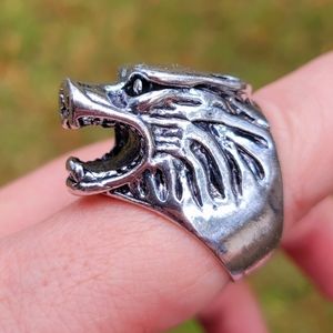 Scary Pig Face Wild Boar Metal Etched Silver Ring Size 9